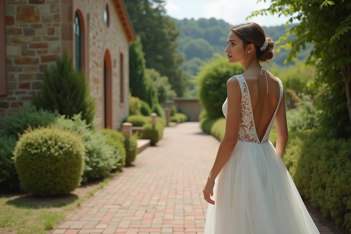 Jeune femme en robe de mariage dans un jardin paisible