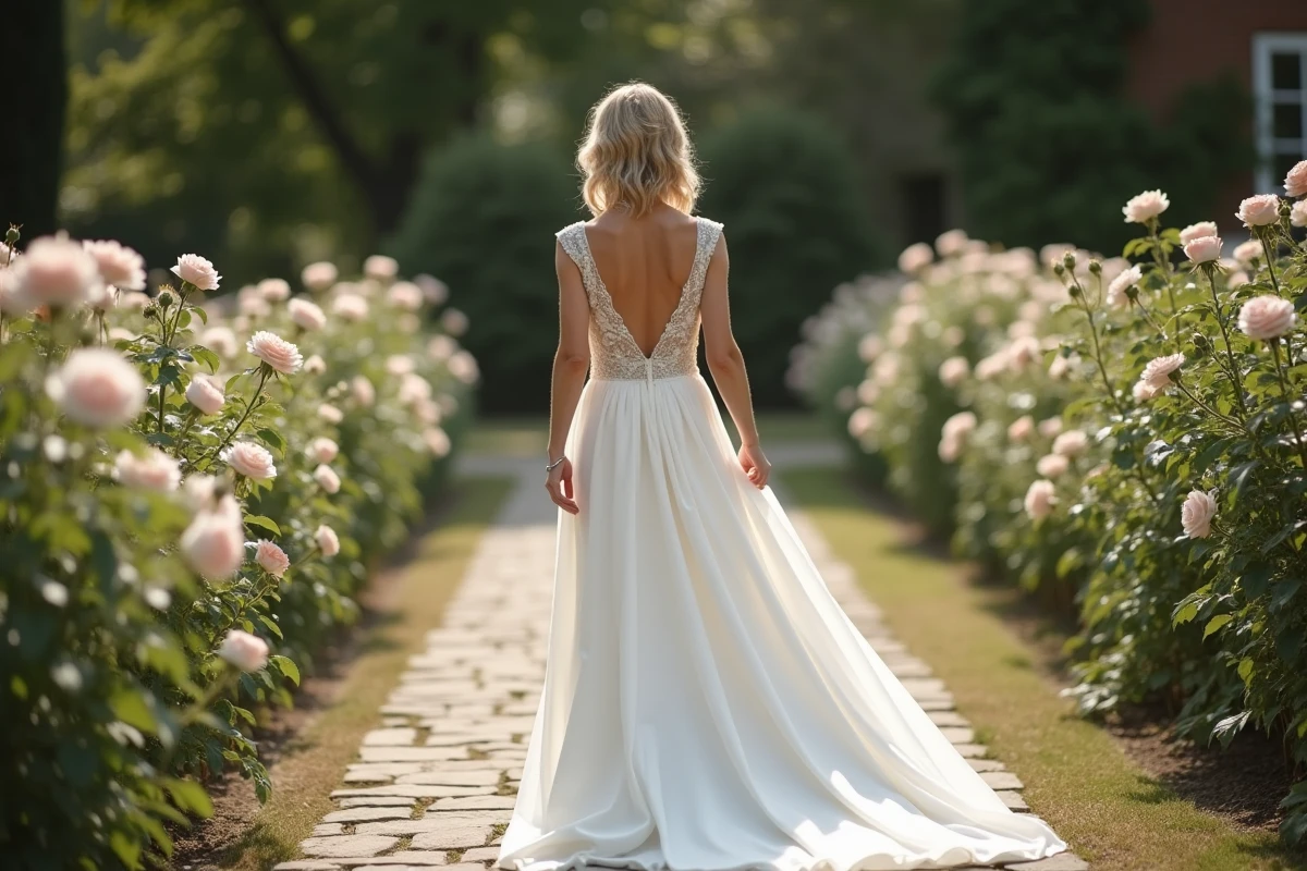 Femme en robe de mariée dans un jardin fleuri