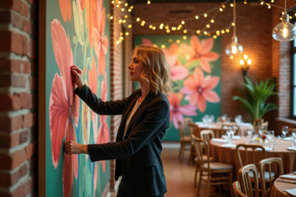 Femme ajustant un mur floral lors d'une soirée élégante