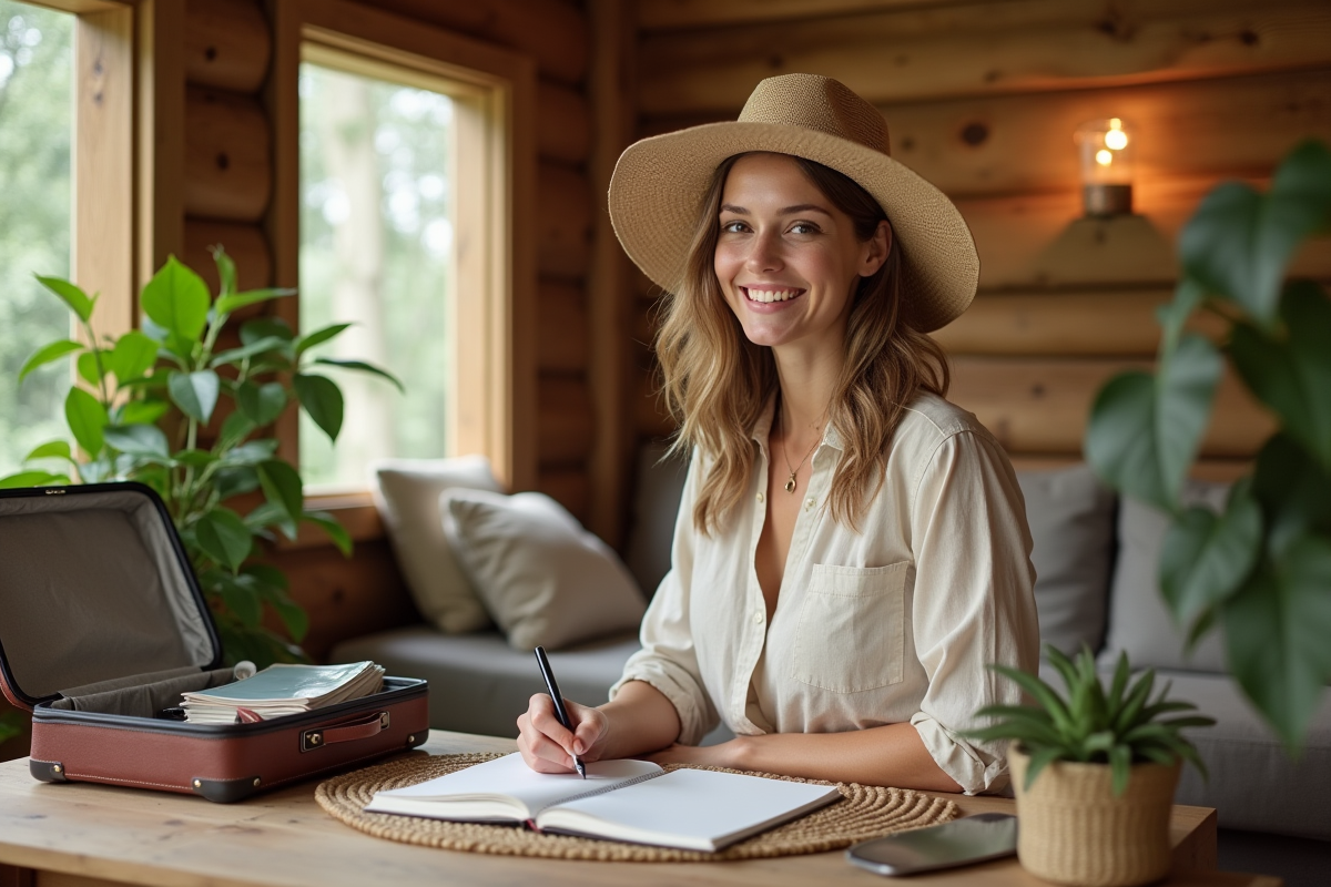 Femme souriante organisant ses documents de voyage à l