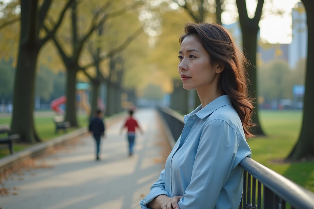 Femme en profil regardant un parc avec des enfants jouant