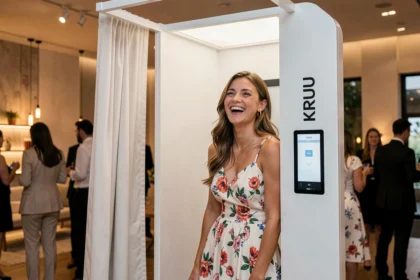 Jeune femme qui pose en riant dans un photobooth moderne de type KRUU lors d'un événement