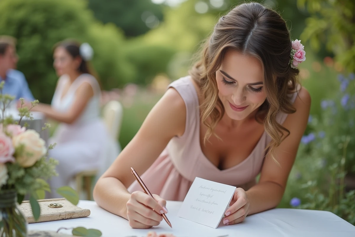 Femme en robe pastel offrant une carte à la mariée dans un jardin