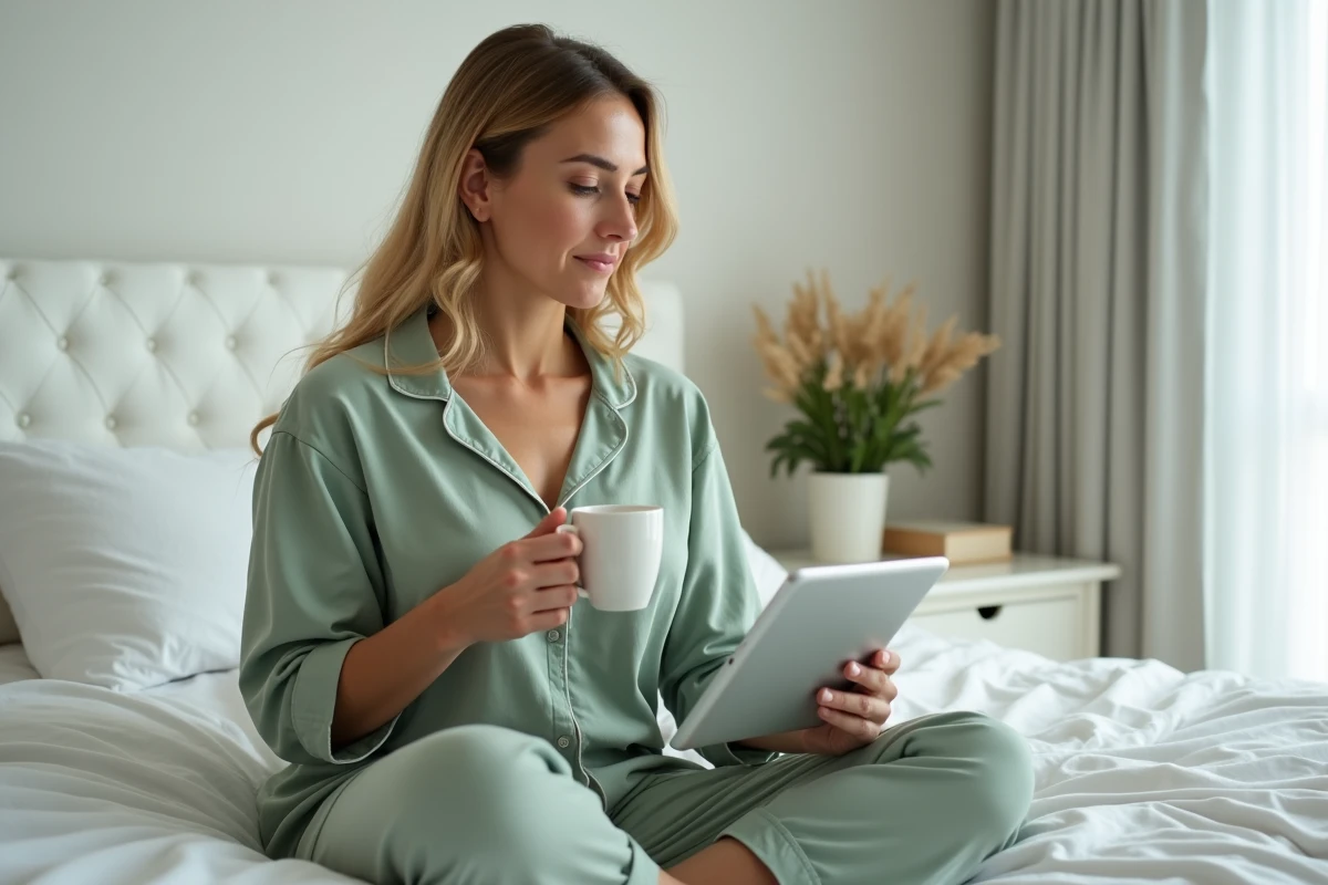 Femme lisant les résultats d'un test de compatibilité par prénom sur tablette dans sa chambre