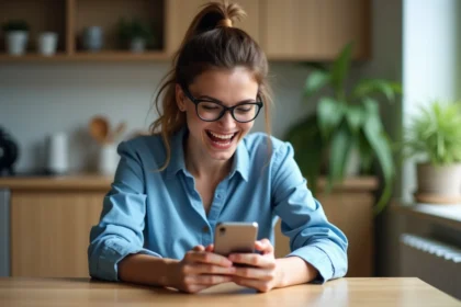 Femme souriante utilisant son smartphone dans une cuisine moderne
