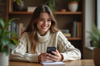 Jeune femme consultant un test de compatibilité amoureux par prénom sur son smartphone à la maison