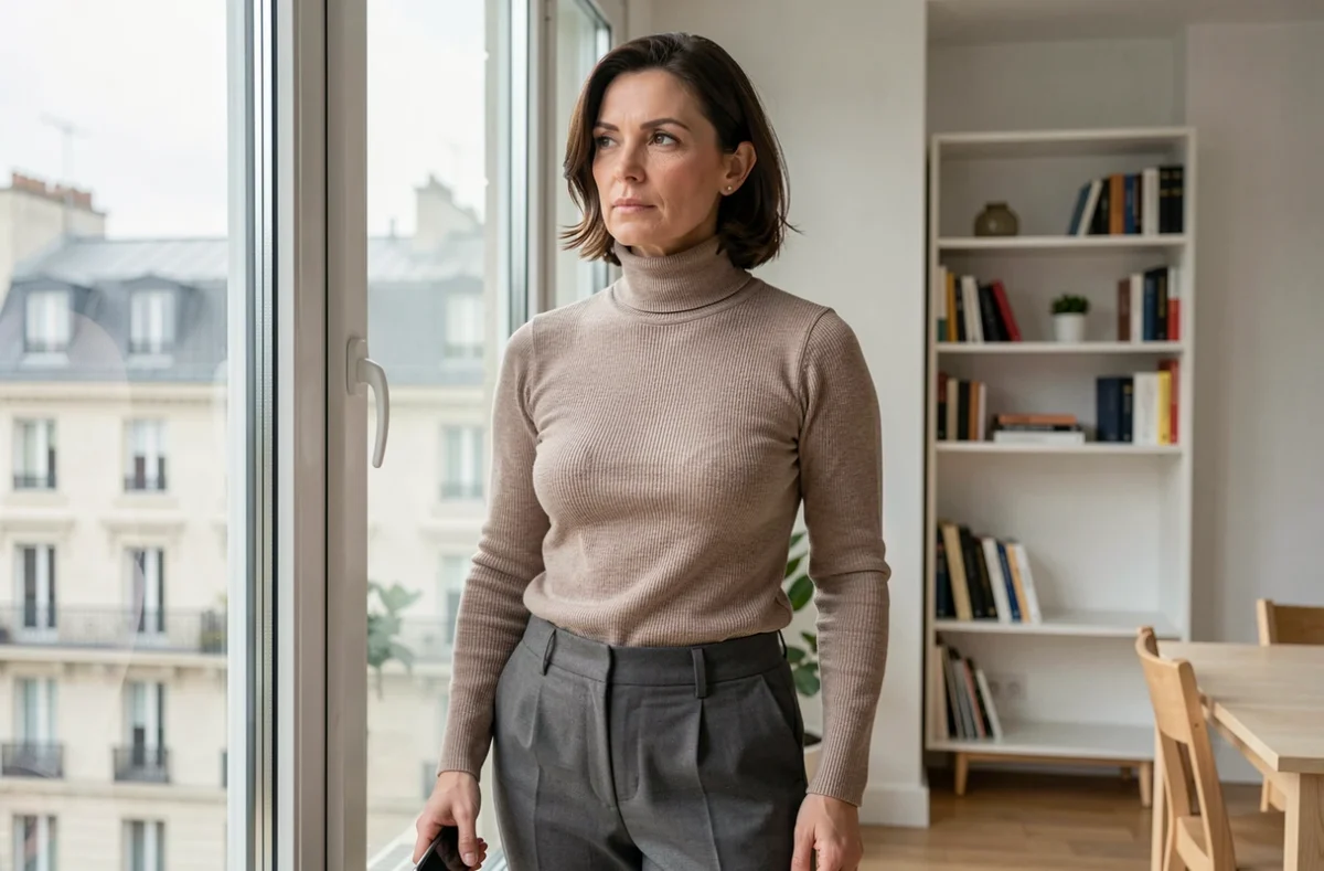 Femme debout près d'une fenêtre tenant un smartphone, évoquant la frontière entre vie publique et vie privée dans l'ère numérique