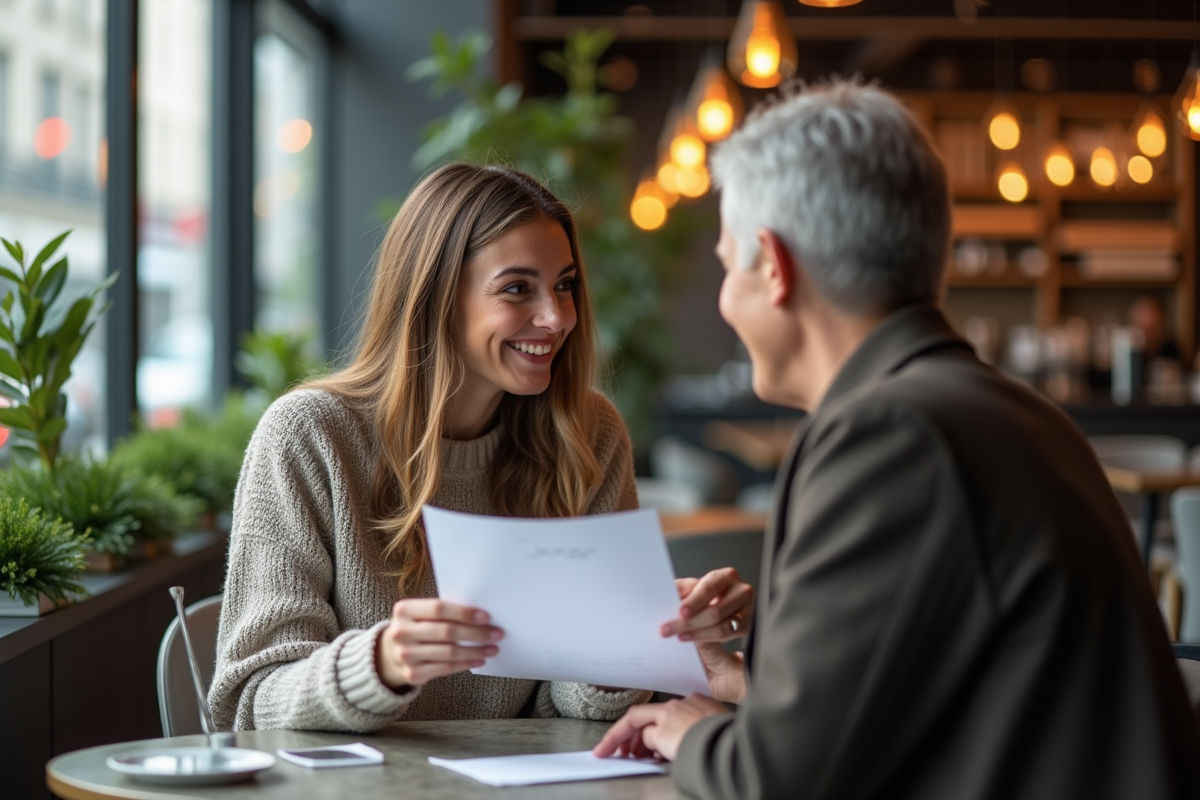 Jeune femme chanteuse discutant avec organisateur au cafe