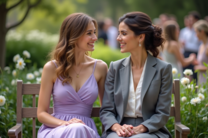 Deux femmes en robe de mariée et costume dans un jardin ensoleille