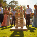 Invités de mariage jouant dans un jardin ensoleille avec jeux