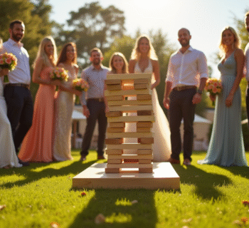 Invités de mariage jouant dans un jardin ensoleille avec jeux