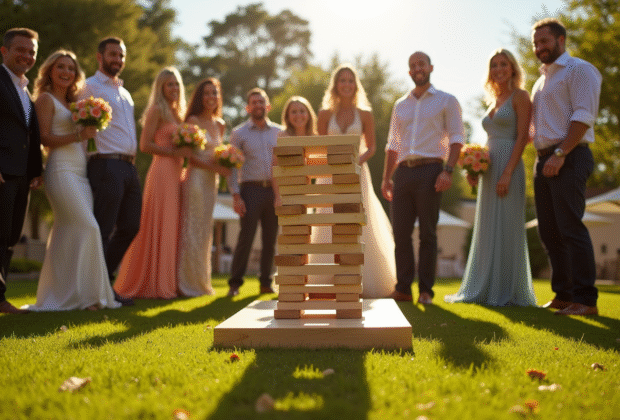 Invités de mariage jouant dans un jardin ensoleille avec jeux