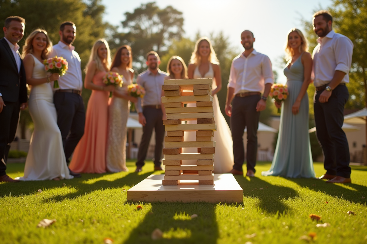 Invités de mariage jouant dans un jardin ensoleille avec jeux