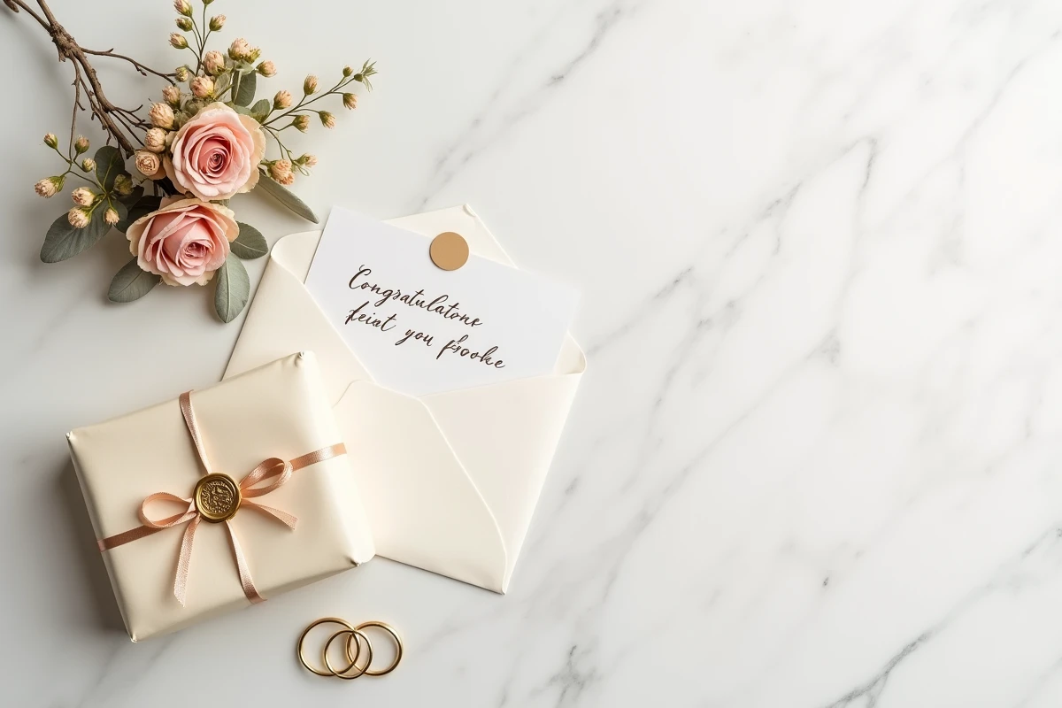 Flat-lay de cadeaux pour un PACS avec boîte emballée, carte de félicitations et alliances sur marbre