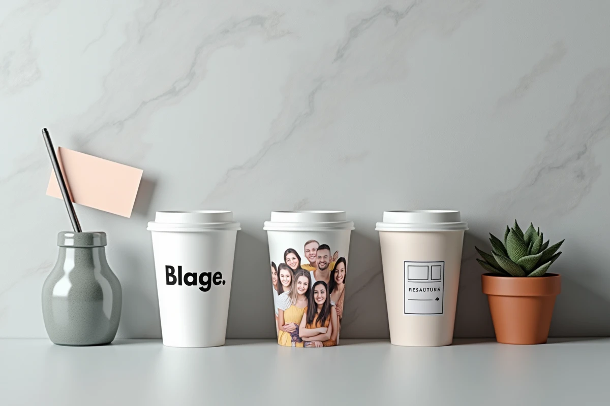 Vue de dessus de trois gobelets personnalisés côte à côte avec logo, photo et typographie sur fond béton gris clair