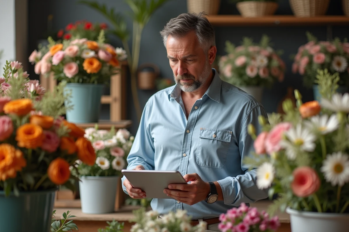 Fleuriste calculant les coûts dans son atelier floral