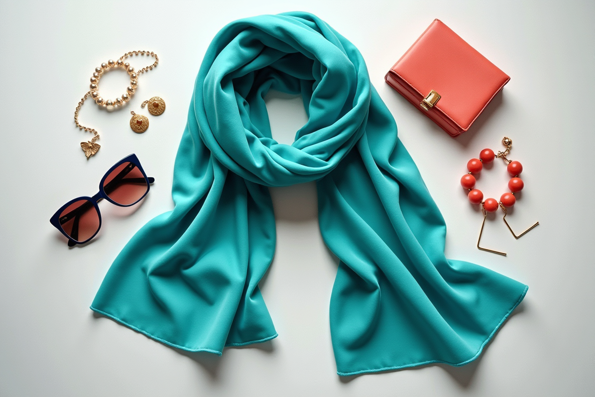 Foulard en soie turquoise avec accessoires élégants