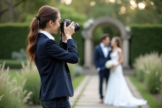 Mariée souriante entourée de proches lors d'une célébration de mariage