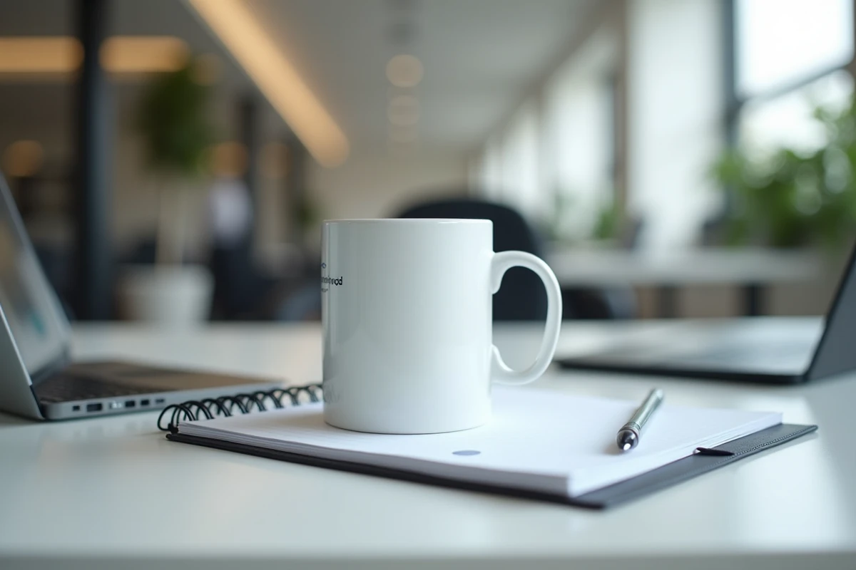 Gobelet personnalisé avec logo d'entreprise posé sur un bureau de travail moderne avec ordinateur portable et carnet