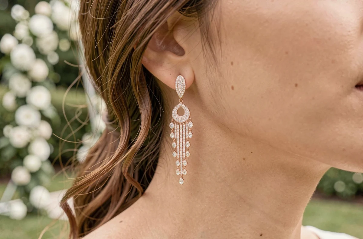 Gros plan sur une boucle d'oreille chandelier en or rose portée lors d'un mariage en jardin