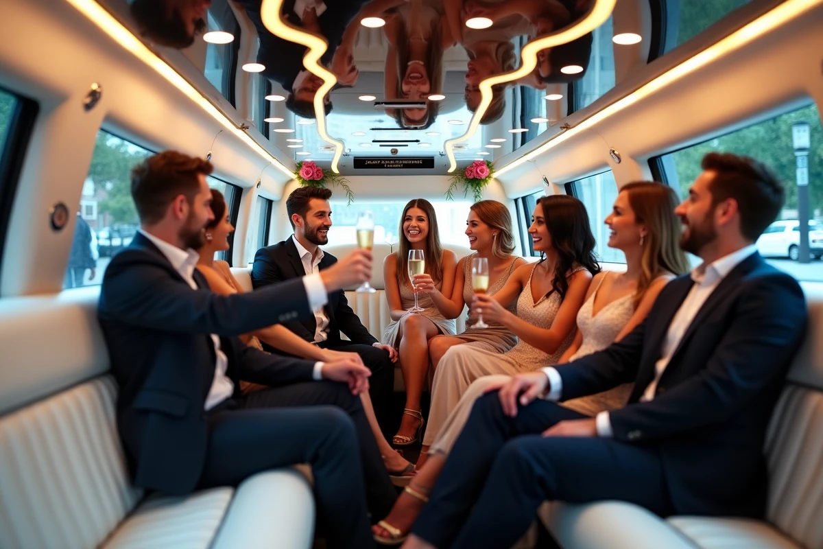 Groupe d'amis en tenue élégante trinquant au champagne à l'intérieur d'une limousine blanche décorée pour un anniversaire