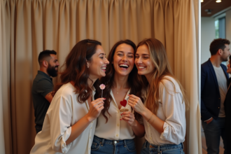 Groupe d'amis souriants devant un photobooth moderne lors d'un événement