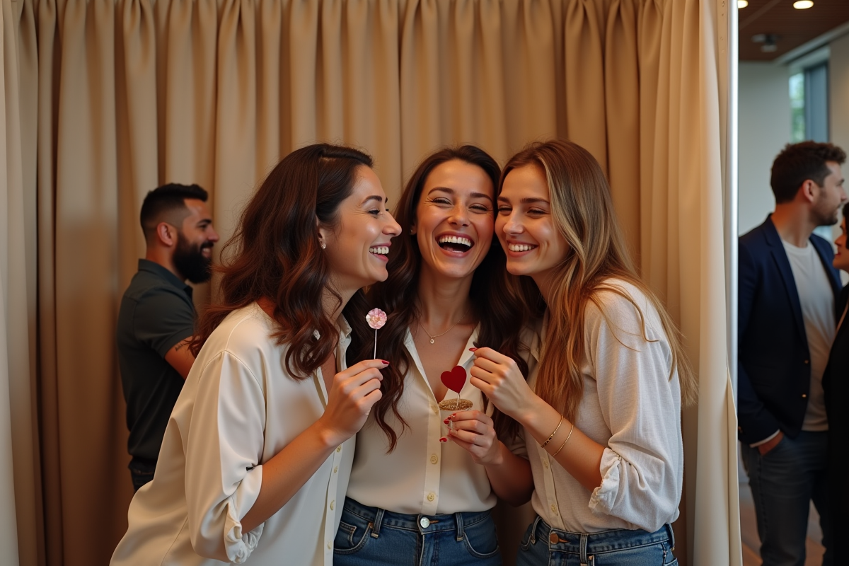 Groupe d'amis souriants devant un photobooth moderne lors d'un événement