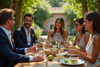 Groupe d'adultes élégants lors d'un vin d'honneur en extérieur