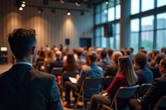 Groupe d'adultes écoutant un démonstrateur de sonorisation