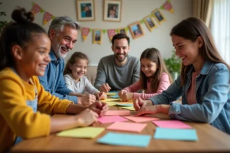 Groupe familial souriant autour d'une table de fête