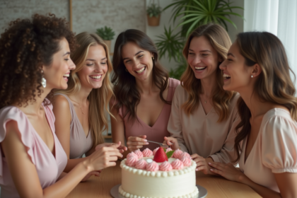 Femmes souriantes autour d'un gâteau d'anniversaire pastel