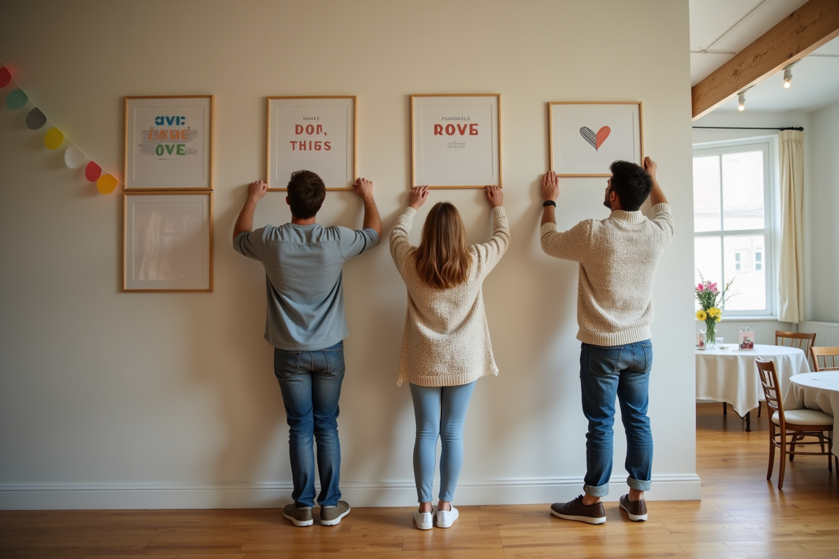 Groupe de jeunes accrochant des décorations lors d