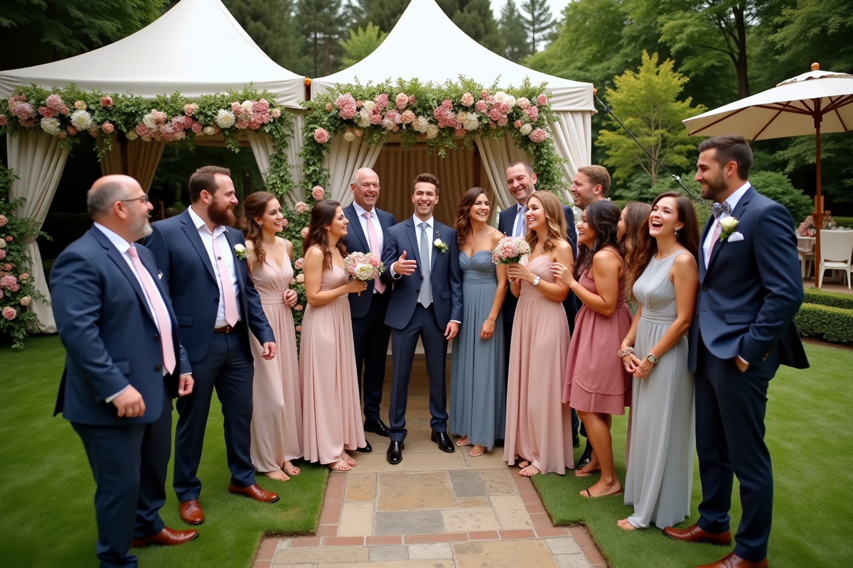 Groupe d invités rieurs autour d une cabine photo en extérieur