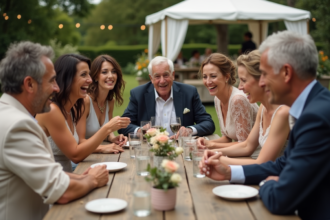 Groupe d'invites de mariage jouant ensemble en plein air