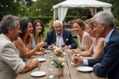 Groupe d'invites de mariage jouant ensemble en plein air