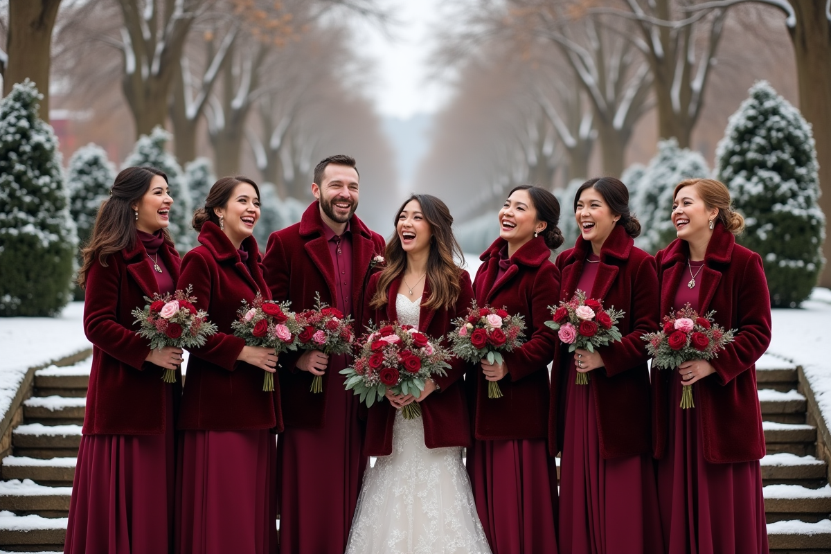 Groupe de mariés en tenues bordeaux dans un parc enneige