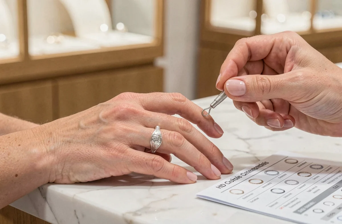 Main de femme portant une bague avec un guide de taille de bague imprimé posé sur un comptoir en marbre blanc