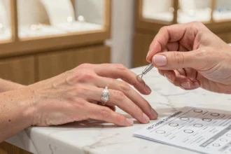 Main de femme portant une bague avec un guide de taille de bague imprimé posé sur un comptoir en marbre blanc