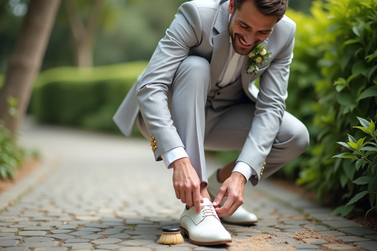 Homme en costume nettoyant ses chaussures dans le jardin