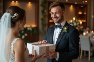 Homme en costume offrant un cadeau à un couple de mariés
