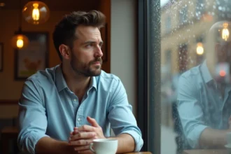 Homme pensif dans un café avec pluie dehors