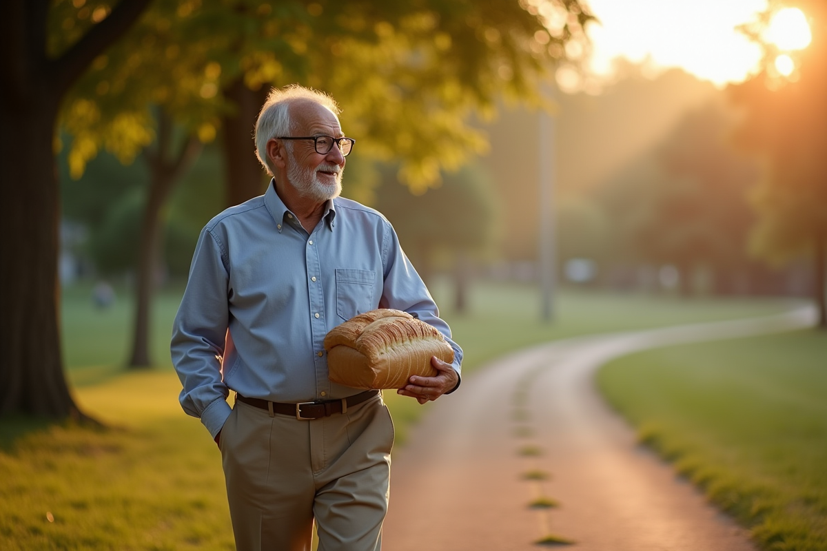 Homme donnant du pain à un voisin au parc au lever du soleil