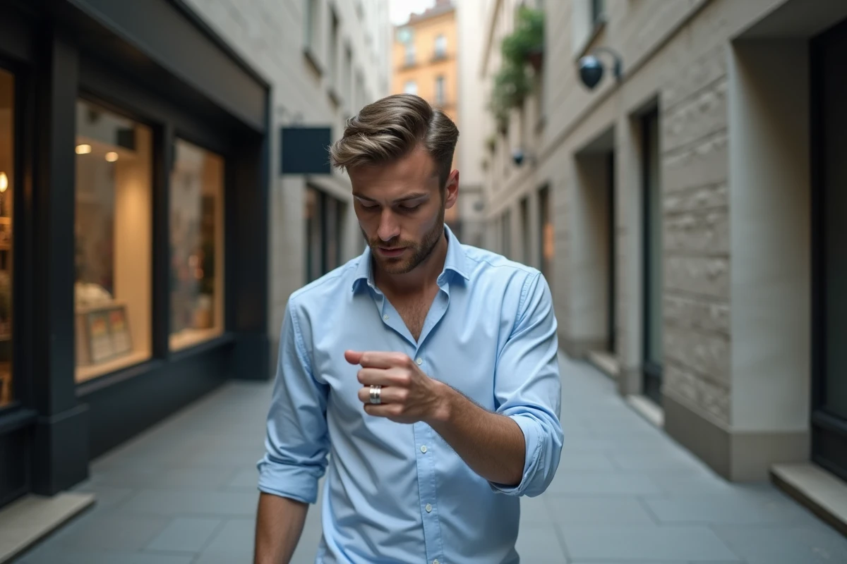 Homme marchant dans la ville avec une bague en argent