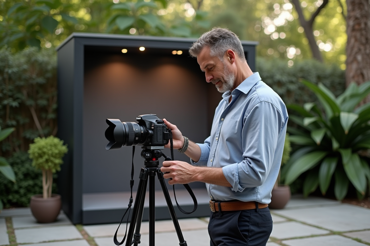Homme en train de préparer un photobooth extérieur dans un jardin