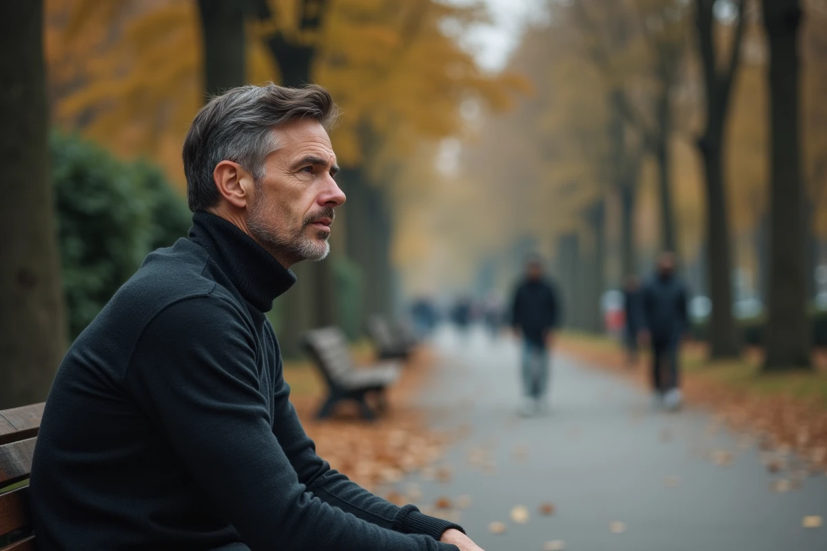 Homme pensif assis seul sur un banc dans un parc parisien en automne, réflexion sur la vie privée