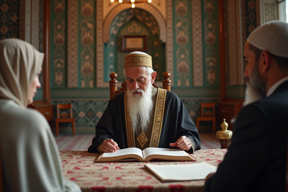 Imam ancien lisant le contrat de mariage dans une mosquee