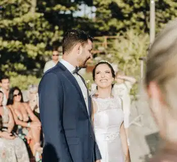 smiling newly wed couple at daytime