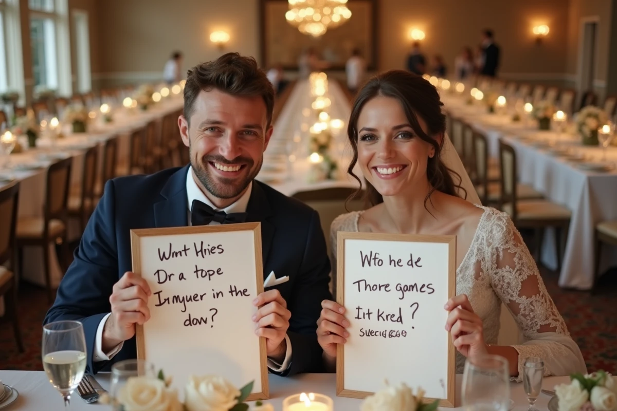 Mariés participant à un quiz de couple lors de leur réception de mariage avec des ardoises et des réponses écrites à la main