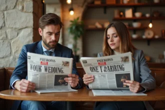 Jeune couple au café lisant des journaux sur le mariage
