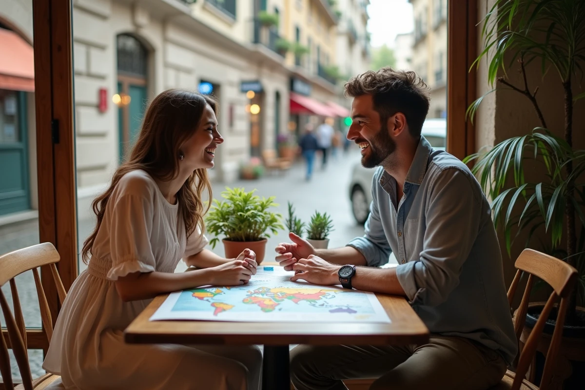 Jeune couple riant dans un café cosy en intérieur